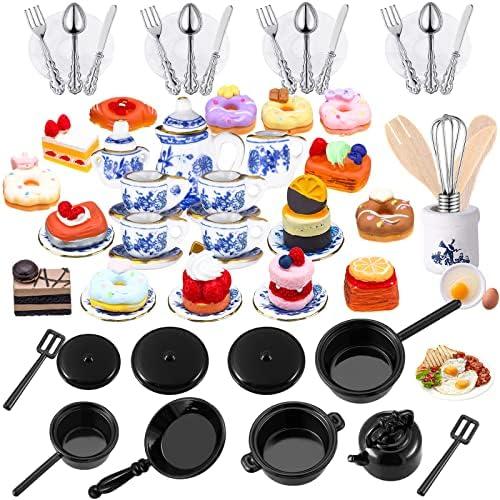 62 Pcs 1:12 Scale Miniature Dollhouse Kitchen Accessories Miniature Tea Cup Pots Resin Cake Set Include 16 Mini Plates Knife Fork Spoon 6 Egg Beater Utensil 10 Mini Stovetop Cookware 15 Pretend Food