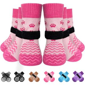 EXPAWLORER 6Pcs Anti Slip Dog Socks to Prevent Licking Paws, Dog Shoes for Hot Pavement, Double Sides Dog Boots & Paw Protectors Booties for Hardwood Floors with Grip Small Medium Large Senior Dogs, L (Pink)