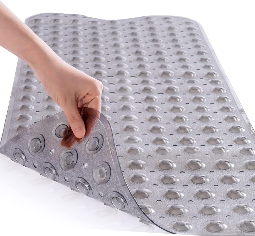 ROSMARUS Extra Long 16 x 39 Non-Slip Bathtub Mat, Shower Mat for Tub with Suction Cups and Drain Holes Bathtub Mats for Kids, Baby, Bathroom Shower Floor Mat Anti Slip Bathtub Accessories, Grey