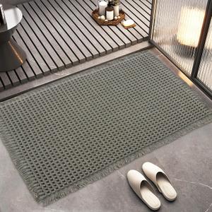 Bathroom Rugs Waffle Bathroom mat Boho Bath mat Super Absorbent Non Slip Bath Rugs, Washable, Ultra Soft Rubber Backed Shower mat, Bath mats for Bathroom Floor, Green 18x30in