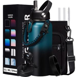 32/40/64/128 oz Insulated Water Bottle with straw & Spout Lids Keep Cold 48H Hot 24H, Large Water Flask Bottle with Shoulder Carrier Bag, Paracord Handle & Boot for Gym, Workout & Beach (Indigo Black Gradient)