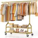 EAGMAK Heavy Duty Clothes Rack Load 556 LBS, Rolling Clothing Rack With Shelves, Height Adjustable Metal Clothes Hanger with Wheels Portable Wardrobe Organizer Garment Rod for Hanging Clothes (Gold)