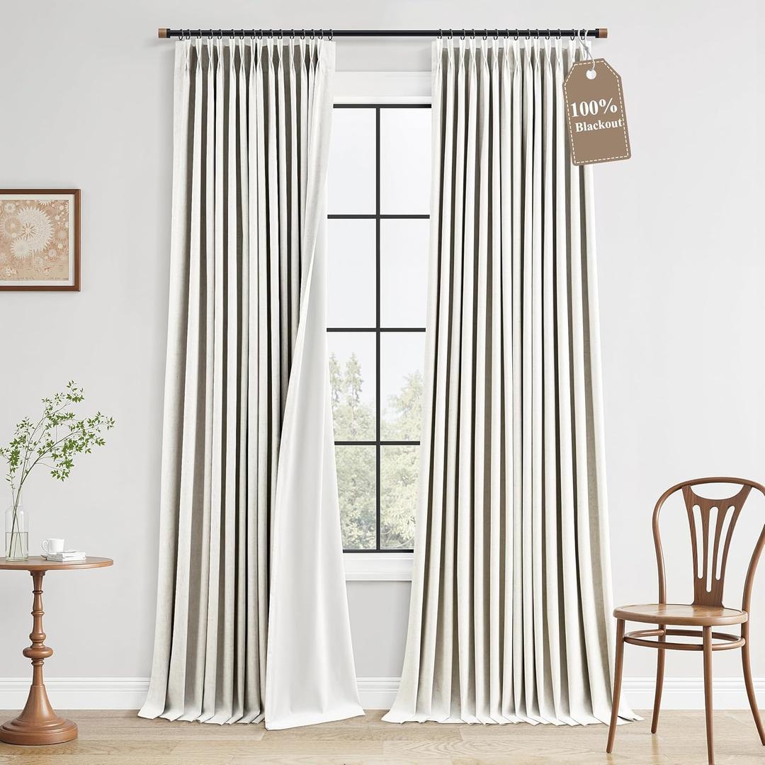 100% Blackout Linen Pinch Pleated Extra Long Curtains 120 Inches Length Beige for Living Room Bedroom Back Tab Farmhouse Boho Room Darkening Pleat White Window Drapes 2 Panels Set, Cream 40x120