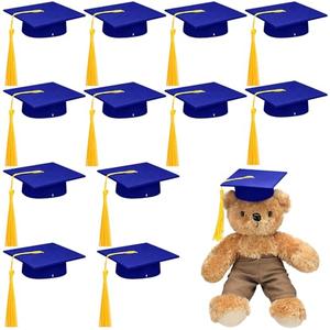Foilswirl 12 Pcs Mini Graduation Cap with Tassel Mini Plush Mason Jar Small Animal Bachelor Hat Photo Prop Party Supply(Blue Gold,4.33 x 4.33 Inch)