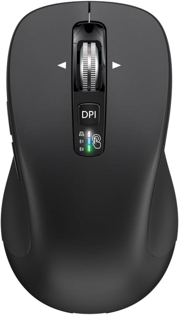 Wireless Bluetooth Mouse (USB + BT1 + BT2), Full Size, 4-Way Scrolling, Multi-Device Silent Mouse for Computer, Laptop, iPad, MacBook (Black)