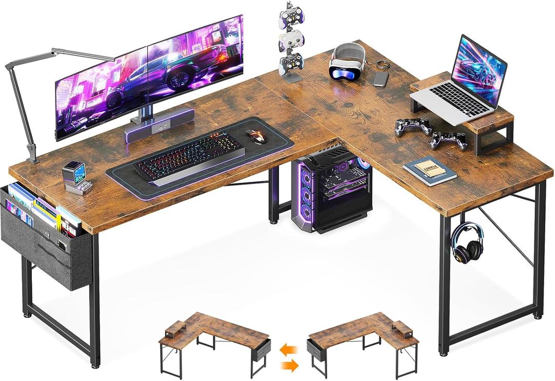 ODK L Shaped Desk, 57.5" Computer Gaming Desks, Home Office Writing Table with Monitor Shelf, Space-Saving Modern Corner Workstation, Easy to Assemble, Vintage