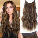 KooKaStyle Invisible Wire Hair Extensions with Transparent Headband Adjustable Size 4 Secure Clips Long Wavy Secret Wire Hairpiece 20 Inch Chestnut Brown with Blonde Highlights for Women