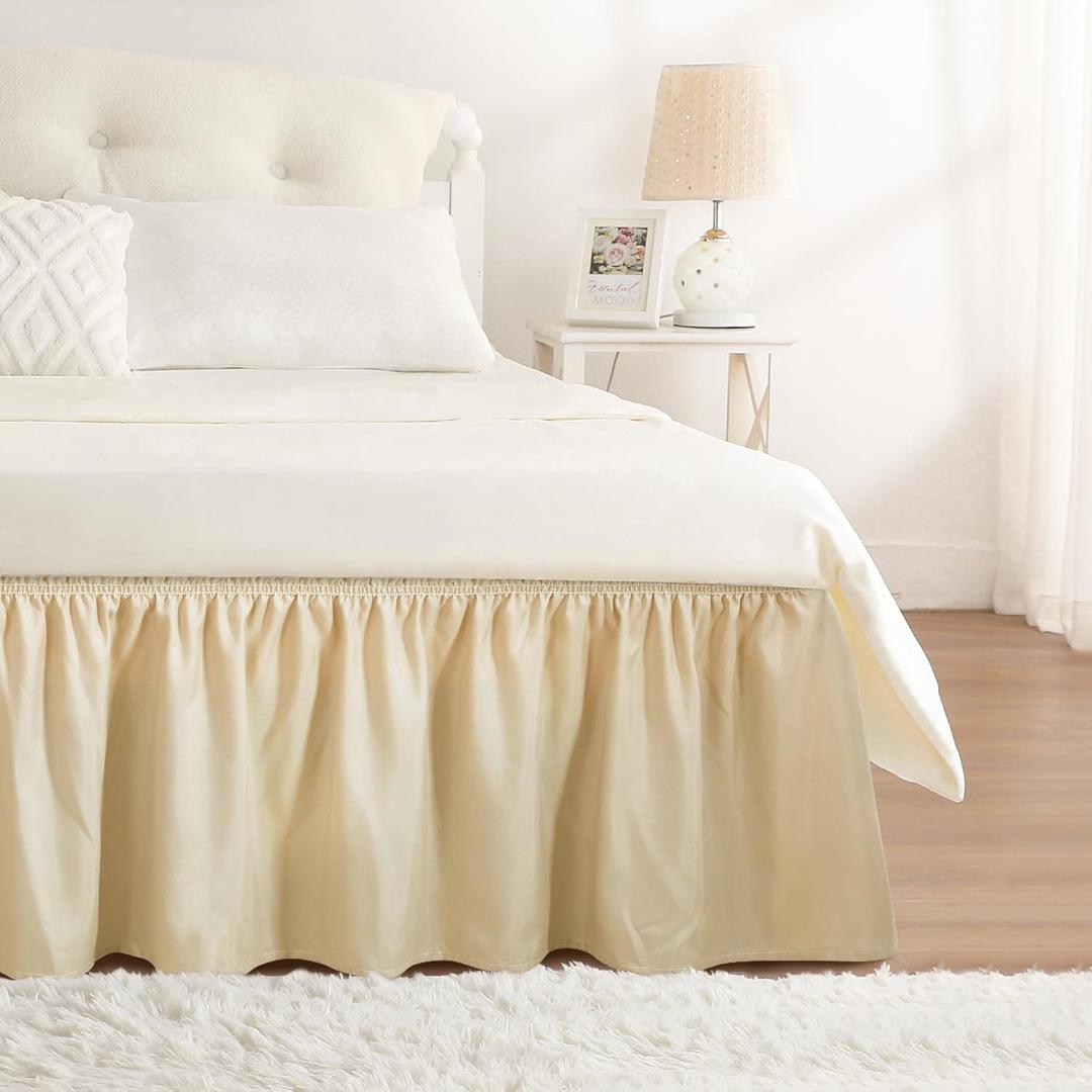 RIMELA Oatmeal Bed Skirting Queen Size Bed Skirt 15 Inch Drop, Wrap Around Elastic Adjustable Bedskirt, Dust Ruffle for Bed Frame & Box Spring Soft Durable Fabric Machine Washable Easy to Install