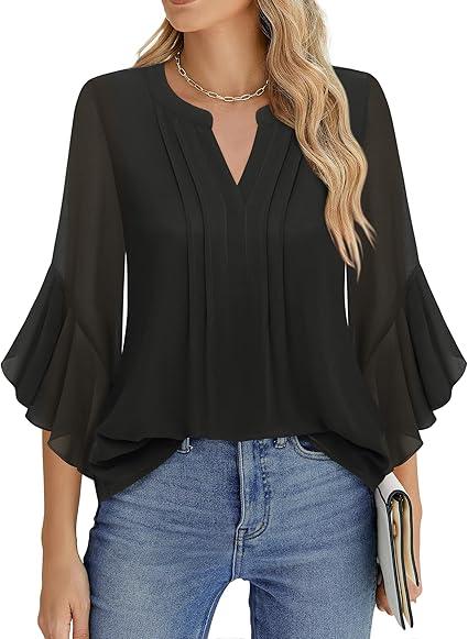Timeson Women's 3/4 Sleeve Tops Dressy Casual Business Work Blouses Chiffon Shirts