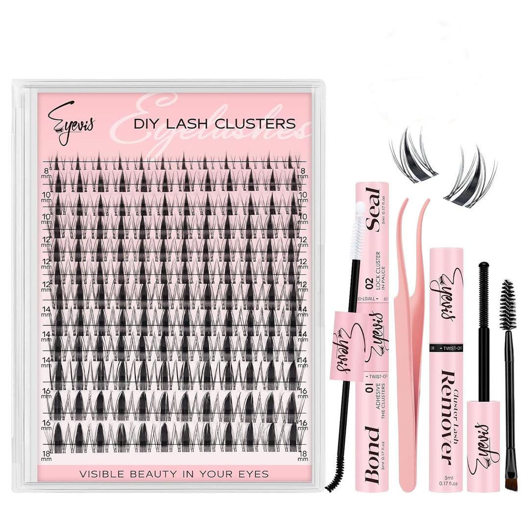 EYEVIS Fairy Lash Clusters Kit 144PCS Ultra-Thin Invisible Band Lash Extension Kit 8-18mm Manga Eyelash Extension Kit C Curl Lash Clusters Wet-Look Anime DIY at Home Fairy Kit,8-18mm