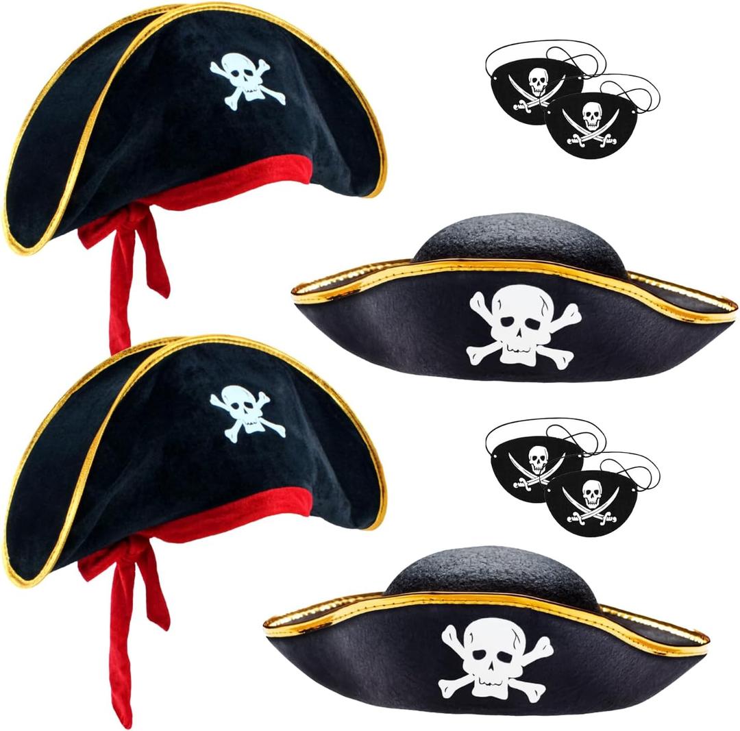 D-Fokes 2 Packs Kids Felt Pirate Hat - Tri Corner Pirate Party Hat - Skull Print Pirate Captain Costume - Party, Birthday, Halloween Accessories with Eye Patch