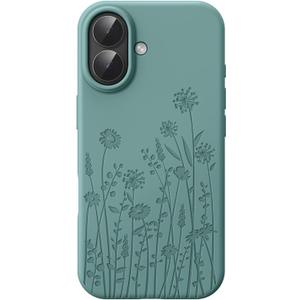 Liquid Silicone Case for iPhone 17 Compatible with MagSafe, Fall Engraved Floral Design Shock Proof Heavy-Duty Protection Hard Phone Case for Women Girls, Midnight Green