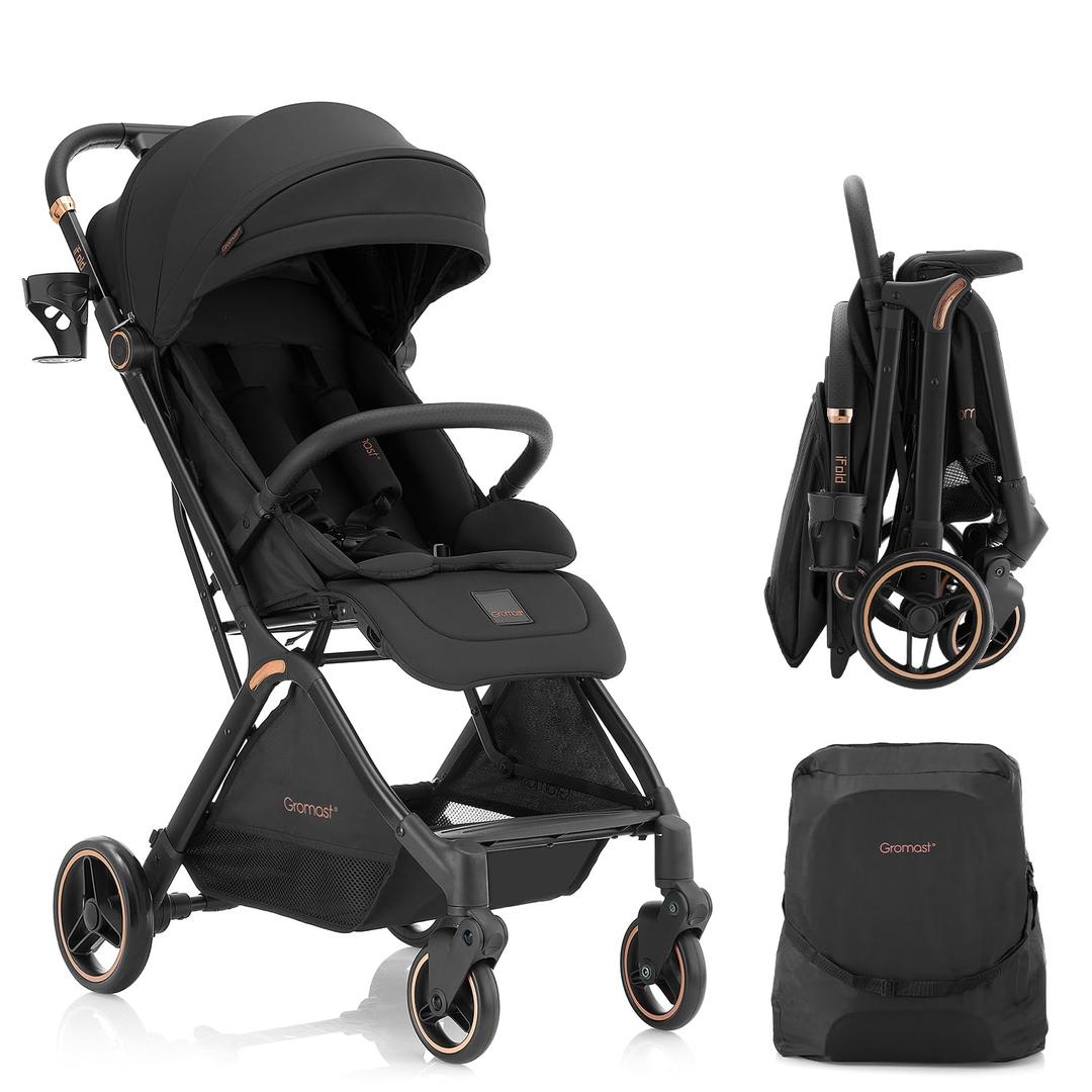 Gromast Gravity Folding Baby Stroller - Portable Travel Toddler Stroller w/Adjustable Backrest, Canopy & Cup Holder, Lightweight and UV Protected, One-Hand Automatic Folding - Black