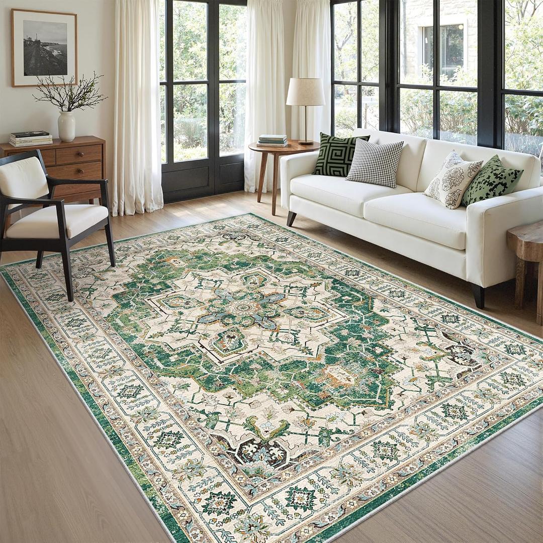 zesthome WashableRug 5x7 Area Rugs,Stain Resistant Rugs for Living Room,Bedroom,Non-Slip Backing Home Decor Rug, Vintage Medallion Pattern Rugs (Green,5'x7')