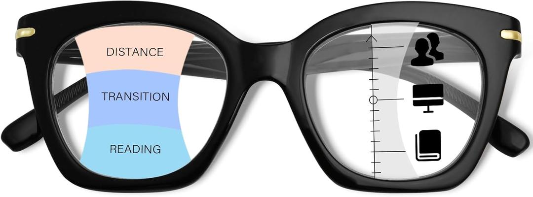 OPTOFENDY Progressive Multifocal Reading Glasses for Women, Oversized Blue Light Blocking Computer Readers Spring Hinge (Black)