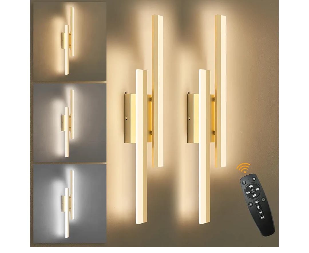 LED Wall Sconce Set of 2 Gold Remote Modern LED Vanity Lights Set of 2 Indoor Wall Light Fixtures for Living Room, Dimmable Wall Sconce for Bedside Bedroom Bathroom, 23.6inch 2 Pack