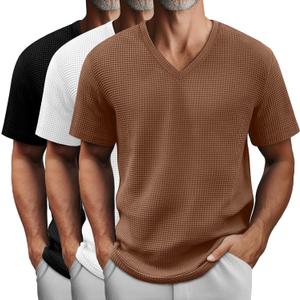 August Alley 3 Pack Men's Waffle T Shirts, V Neck Moisture Wicking Pullover Tee Shirts Short Sleeve Lightweight Knitted Tops (Black, White, Brown)