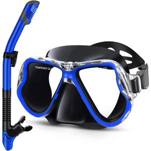 Greatever Dry Snorkel Set,Panoramic Wide View,Anti-Fog Scuba Diving Mask,Professional Snorkeling Gear (Adults, Black Blue)