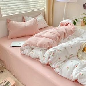 Nayoroom Pink Floral Duvet Cover Full Size Coquette Tulip Printed on White Reversible Comforter Cover 3Pcs Kids Girls Cottagecore Bedding Set with Zipper Closure Soft Breathable Microfiber