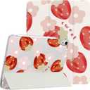 Lovmooful Compatible for iPad Air 6th 11-inch M2 (2024),iPad Air 5/4 (2022/2020 5th/4th Generation 10.9-Inch) Case with Pencil Holder Cute Flower Soft TPU Trifold Stand Protective-Light Strawberry