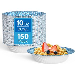 MUCHII 10 Oz Paper Bowls 150 Count Small Bowls, Blue Printed Soak Proof Disposable Bowls for Snacks, Dessert, And Light Lunch Meals
