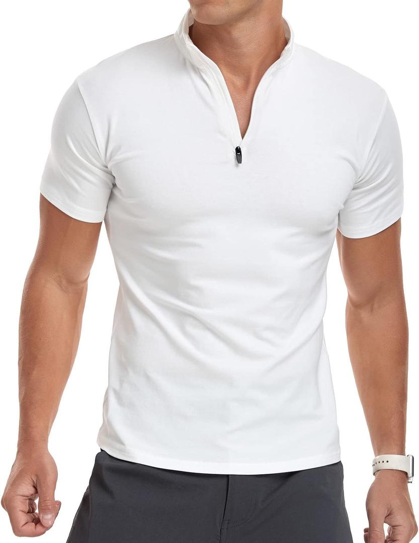 YTD Men's Long/Short Sleeve Polo Shirts Quarter-Zip Casual Slim Fit Mock Neck Basic Designed Cotton Shirts (Large, A1-white)