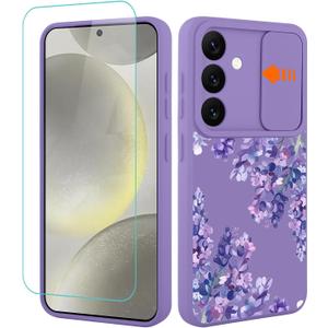 PERRKLD for Samsung Galaxy S24 Case with Slide Camera Cover, [Cute Purple Lavender Floral Flowers Print] Hard Protective Shockproof Cover for Women Girls (for S24)- Purple Lavender