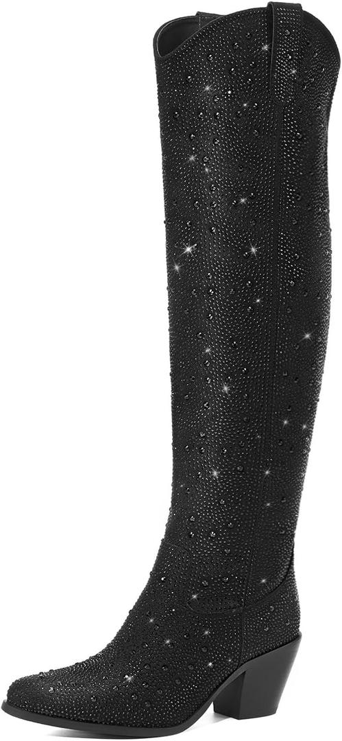 Rollda Rhinestone Cowboy Boots, Sparkly Over the Knee Cowgirl Boots, Pointed Toe Knee High Boots with Chunky Heel Thigh High Boots (9, Black)