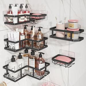 Shower Caddy Corner with Soap Holder, No Drilling Shower Shelves-Rustproof, Adhesive Shower Organizer Corner for Dorm. Black, 4-Pack