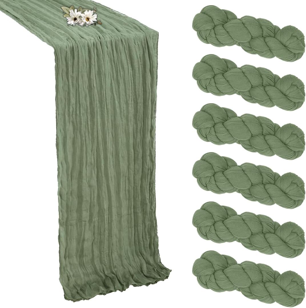 6 Pack Sage Green Cheesecloth Table Runner 10FT Boho Cheese Cloths Gauze Fabric Table Runners 120 Inch Rustic Sheer for Easter Spring Wedding Birthday Party Baby Shower Home Decorations
