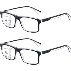 Missfive 2-Pack Mens Light Multifocus Progressive Reading Glasses Blue Light Blocking, Multifocal Spring Hinge Readers No-Line Quality Comfort Trifocal (Workspace For Near Range, Black, 1.5x)