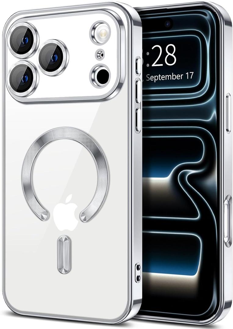 Hython Magnetic Clear for iPhone 17 Pro Case with Camera Lens Protector [Compatible with MagSafe] Luxury Plating Edge Slim Soft TPU Cover Protective Phone Case for iPhone 17 Pro 6.3", Silver