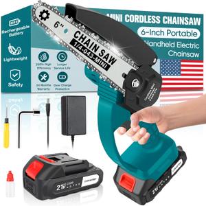 6-Inch Mini Cordless Chainsaw, Battery Powered Hand Held Electric Saw, High Speed Portable Saw for Tree Trimming, Branch Pruning, Wood & Soft Metal Cutting, Automatic Lubrication and Safety Protection