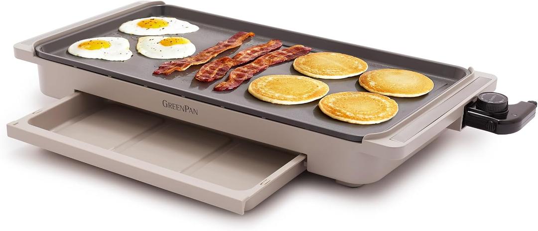 GreenPan Advanced 10.5x 20 Electric Griddle with Warming Drawer, Healthy Ceramic Nonstick PFAS-Free Coating, Temperature Control, Easy and Versatile Countertop Meals, Dishwasher Safe, Clay