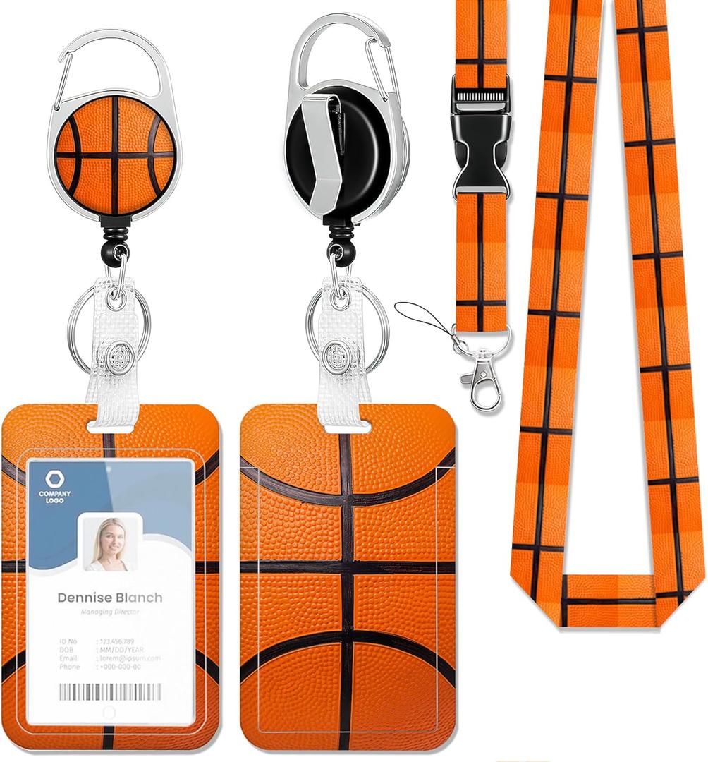 ID Badge Holder with Lanyard Basketball Closeup Retractable Badge Reel Carabiner Clip Lanyard Name Card Vertical ID Protector, ID Card Holder Keychain Name Badge Clip for Women Men