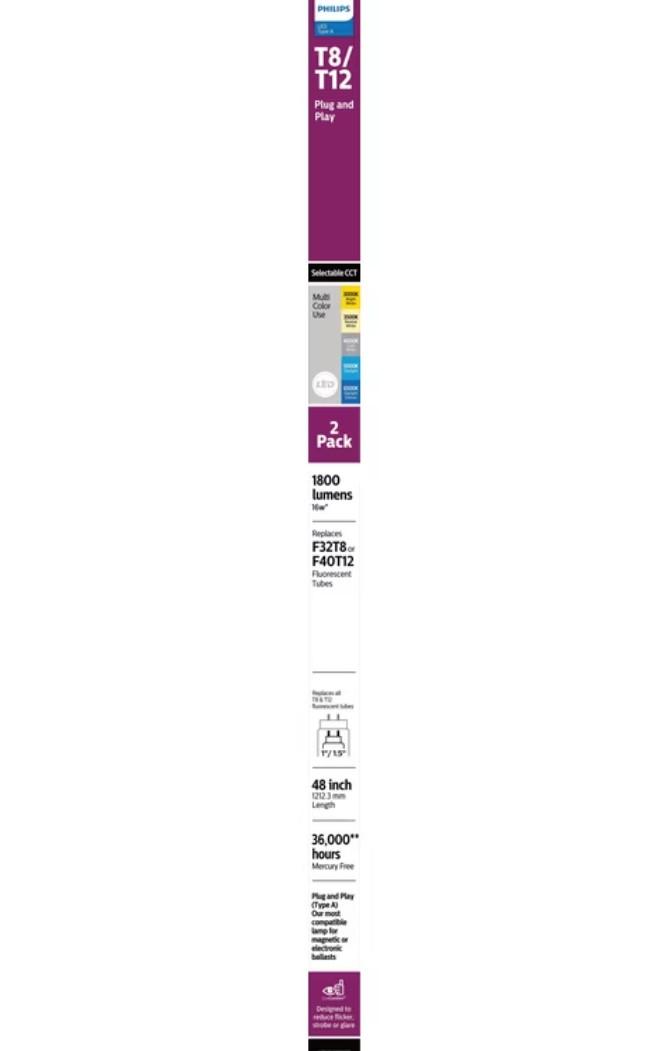 Philips Plug and Play 4Ft (48-inch) Type A T8/T12 Daylight Deluxe 32-Watt LED Tube Light (2 Pack)