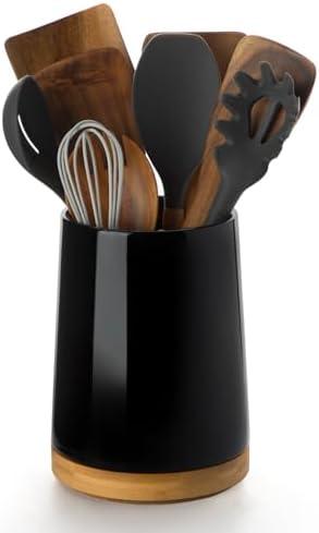 Nucookery 360° Rotating Utensils Holder, 8.2" Extra High Large Ceramic Kitchen Utensil Holder with Countertop-Protection Cork Bottom, Top Gathering Kitchen Decor for Counter (Black)