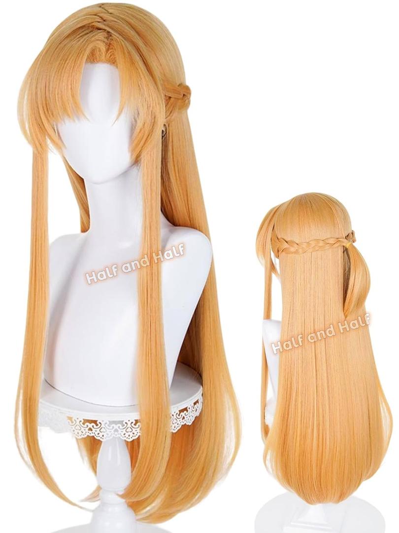 Half and Half Asuna-Yuuki Cosplay Wig Long Straight Orange S-A-O Anime Cosplay Wig with Bangs & Braid 33.4'' Blonde Orange Wigs for Women Halloween Party Daily