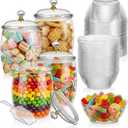 LemonRoad 4 Pcs 64 oz Plastic Candy Jars with Lids 100 Pcs Bowls 2 Spoons, Clear Cookie Dessert Buffet Containers Set Large Airtight Apothecary Storage for Wedding Home Bar Supply