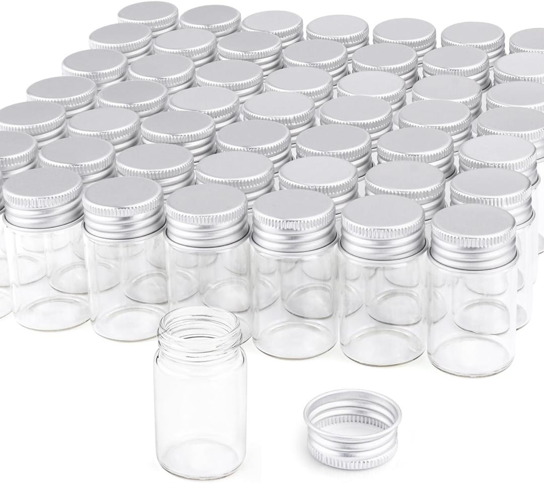 50 Pack,20ml Clear Glass Essential Oil Bottle,Empty Refillable Travel Glass Liquid Sample Vial Decorations Preservation Storage Vials Test Jars Container with Aluminum Lids-1.18" W x 2" H