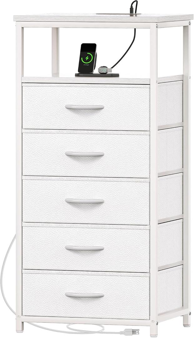 Huuger White Dresser with 5 Drawers & Charging Station, Tall Dresser