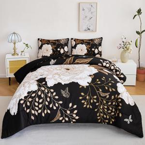 ANGIYUIN Black Floral Full Size Comforter Set White Flowers Bedding Set 3 Pcs Gold Leaves Butterfly Botanical Bedding Comforter Set Soft Farmhouse Bed Sets for Women Men