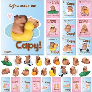 BreezeHug 27 Pack Valentine's Day Gifts Bulk Mini Resin Capybara Figurines with Greeting Cards Bags for Valentine's Classroom Reward Exchange Gift Capybara Party Favors Car Dashboard Decorations
