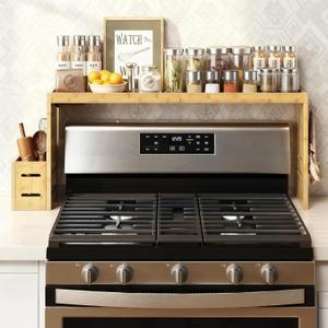 BSTSLL Bamboo Over the Stove Shelf 31in - Durable Stove Shelf for Back of Stove with Non-Slip EVA Liner, 6 Hooks & Utensil Holder, Spice Rack for Standard Stoves (Yellow)