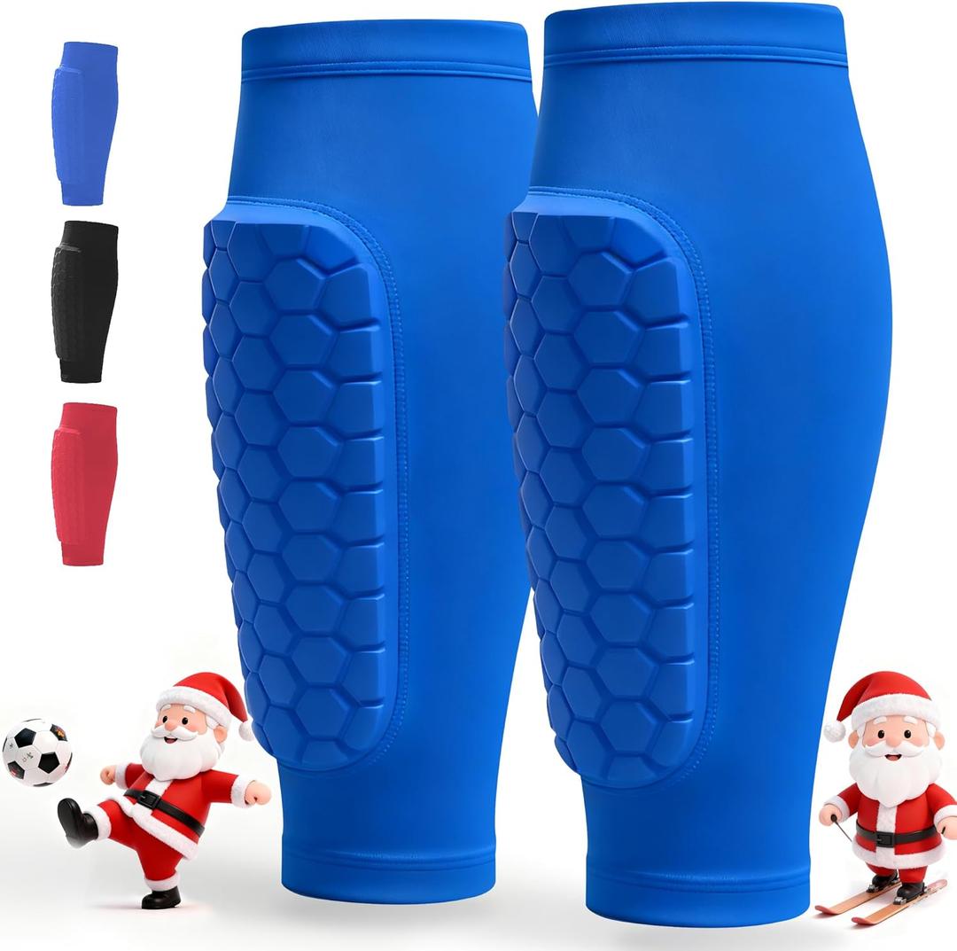 Soccer Shin Guards for Kids Youth Adults - 1-Pair Soccer Shin Defender with Honeycomb Compression Sleeves for Ski, Football, Baseball, MTB & Kickboxing 4-6 6-8 8-10 10-12 (3 Colors) (Small, Blue)