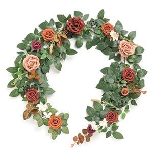 Ling's moment 5FT Terracotta Artificial Flower Garland Rose Eucalyptus Leaves Fall Floral Garland Burnt Orange Arch Flowers Vine for Wedding Party Backdrop Decor Mantel Table Centerpieces Decorations 