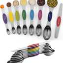 ChefAide Pack of 8 Stainless Steel Magnetic Measuring Spoons Set, Dual Sided, Stackable, Adjustable Teaspoon and Tablespoon Measure Spoon with Leveler, Kitchen Gadgets (Multicolor)