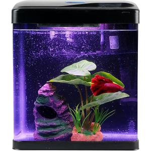 Betta Fish Tank Self Cleaning Glass 2 Gallon Small Nano Aquarium Starter Kits Desktop Room Decor w/LED Light Decorations & Whisper Filters Water Pump (Fish Tank)