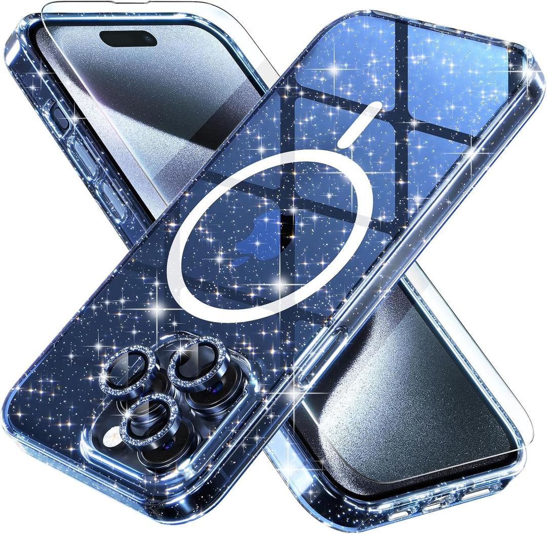 Choiche for iPhone 15 Pro Max Case Magnetic, Women Clear Glitter Bling Sparkly Case, [3xDiamond Camera Lens Protectors] [2xTempered Glass Screen Protectors] [Compatible MagSafe] (Glitter Blue)