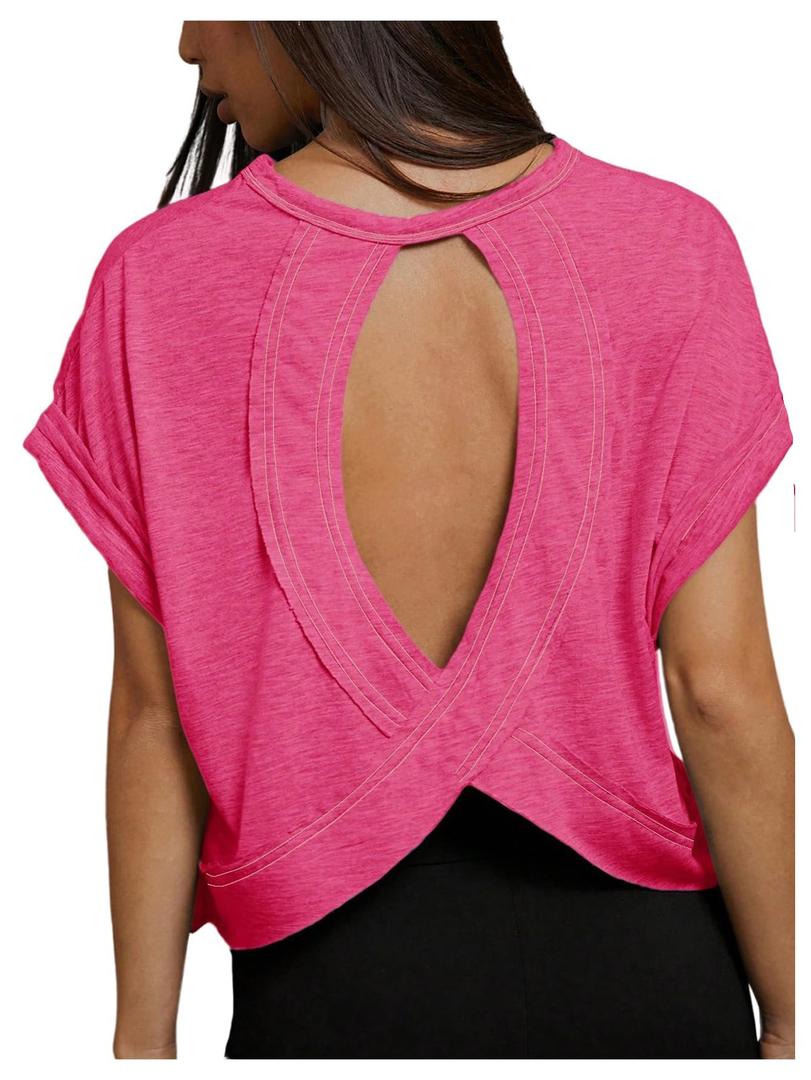 SOLY HUX Women's Plus Size Open Back Tops Criss Cross Cut Out Backless Tee Short Sleeve Summer T Shirt Solid HotPink X-Large Plus (Pink, XL)